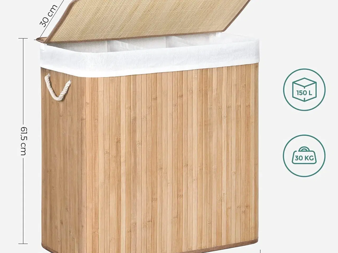 Billede 5 - Vasketøjskurv med låg 3 rum, 150 l, sammenklappelig, natur