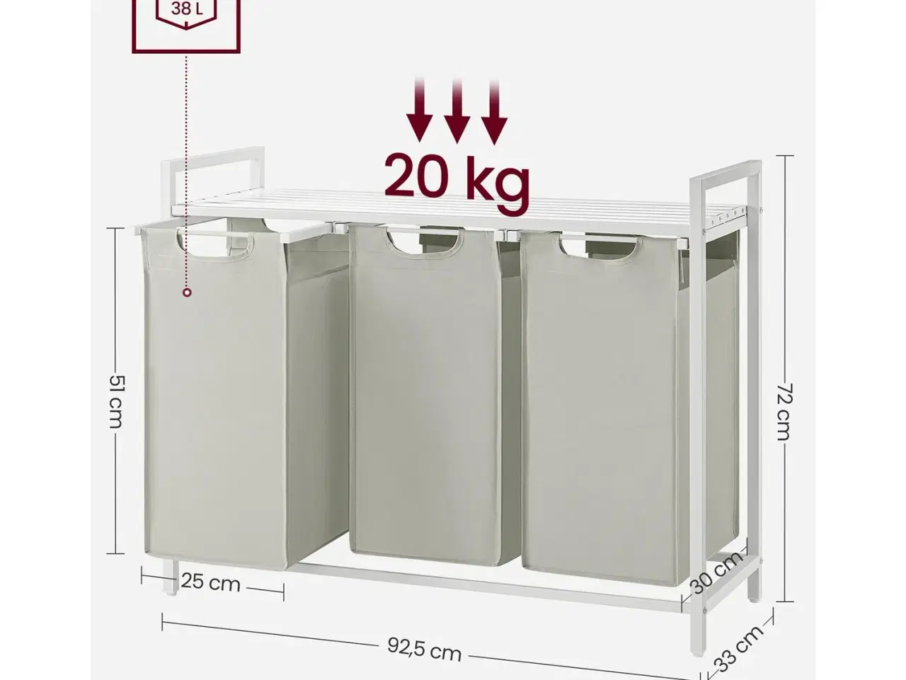 Billede 7 - Vasketøjskurv med 3 rum udtrækkelige poser, hylde, metalramme, 3 × 38 l, 92,5 × 33 × 72 cm, hvid