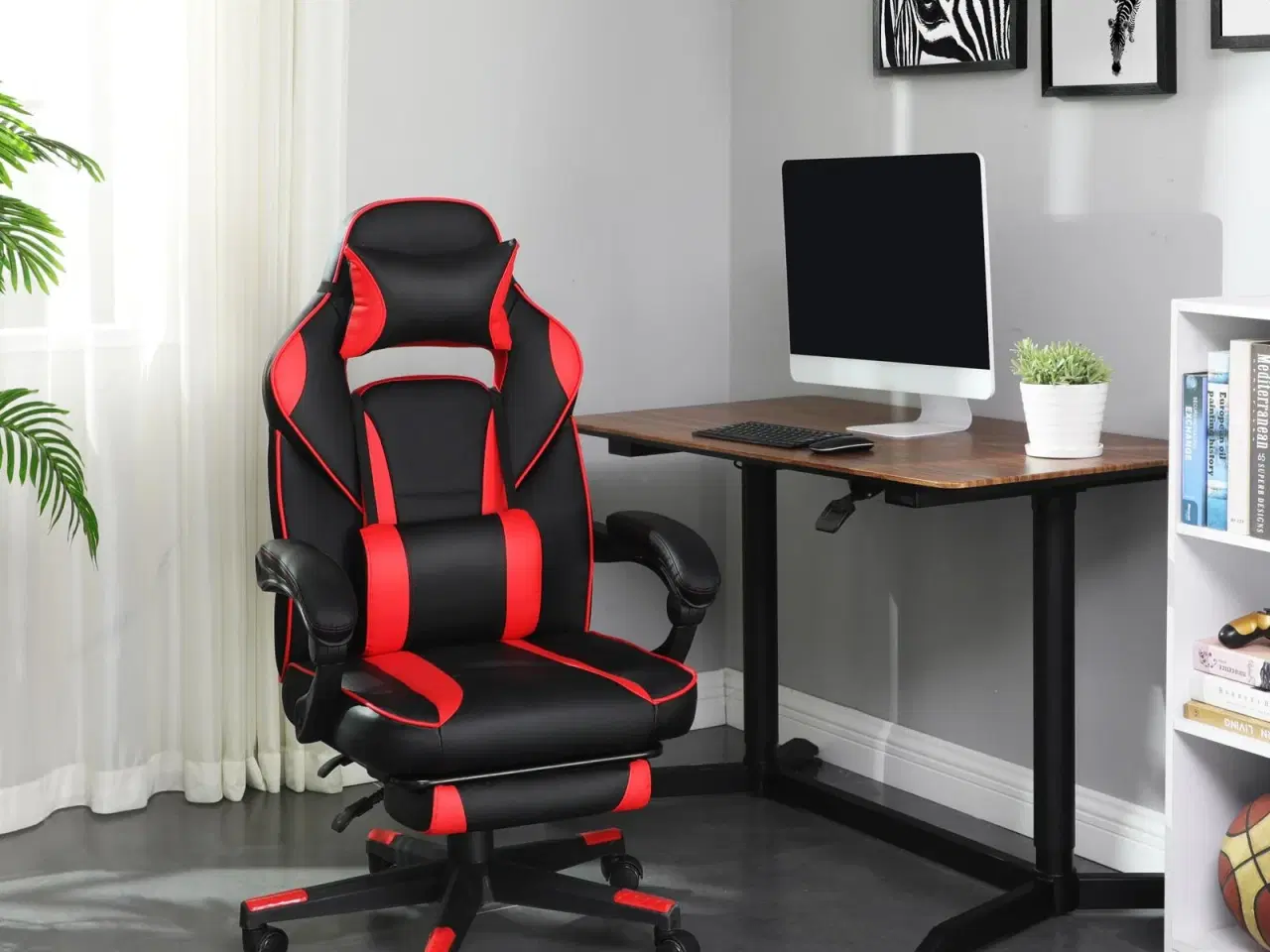 Billede 3 - Gaming stol SONGMICS – racer kontorstol med fodstøtte, ergonomisk, vippefunktion, hoved- og lændestøtte, 150 kg, sort/rød