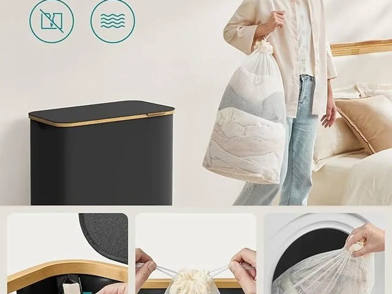 Billede 5 - Vasketøjskurv med låg 3 rum, 150 l, aftagelig meshpose, Oxford-stof, bambushåndtag, sammenklappelig, 60 × 38,5 × 70,5 cm, ink sort