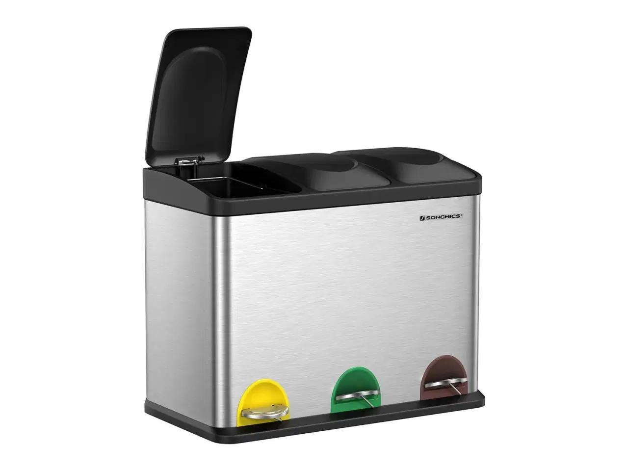 Billede 1 - Skraldespand med pedal 45 l affaldssortering i rustfrit stål (3 x 15 l), sølv/sort