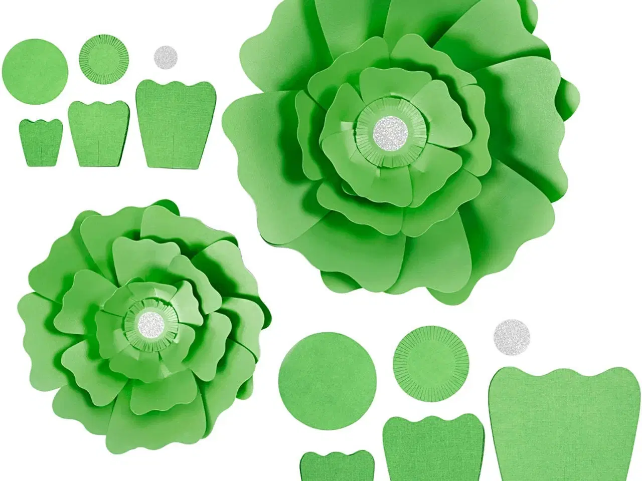 Billede 1 - Papirblomster sæt 2 stk. 15+25 cm - Grøn dekoration