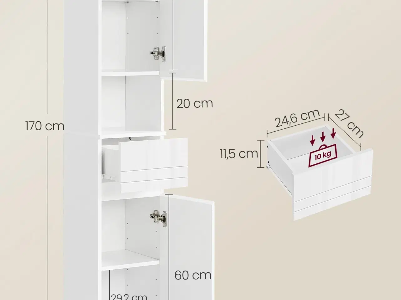 Billede 5 - Højt smalt badeværelsesskab – SONGMICS VASAGLE, 30 × 30 × 170 cm, hvid, med skuffe og justerbare hylder
