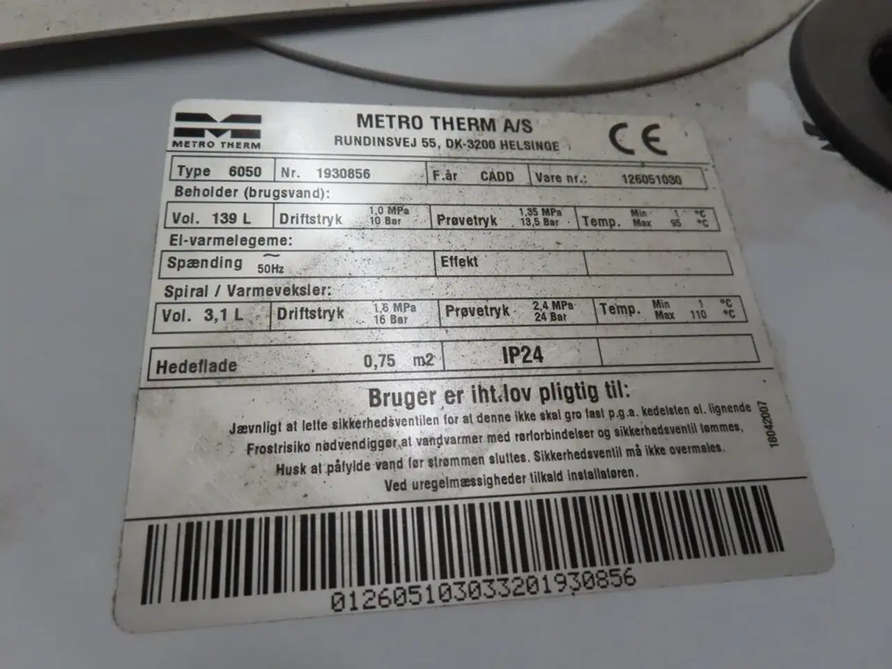 Billede 3 - Varmtvandsbeholder (139 L) METRO THERM