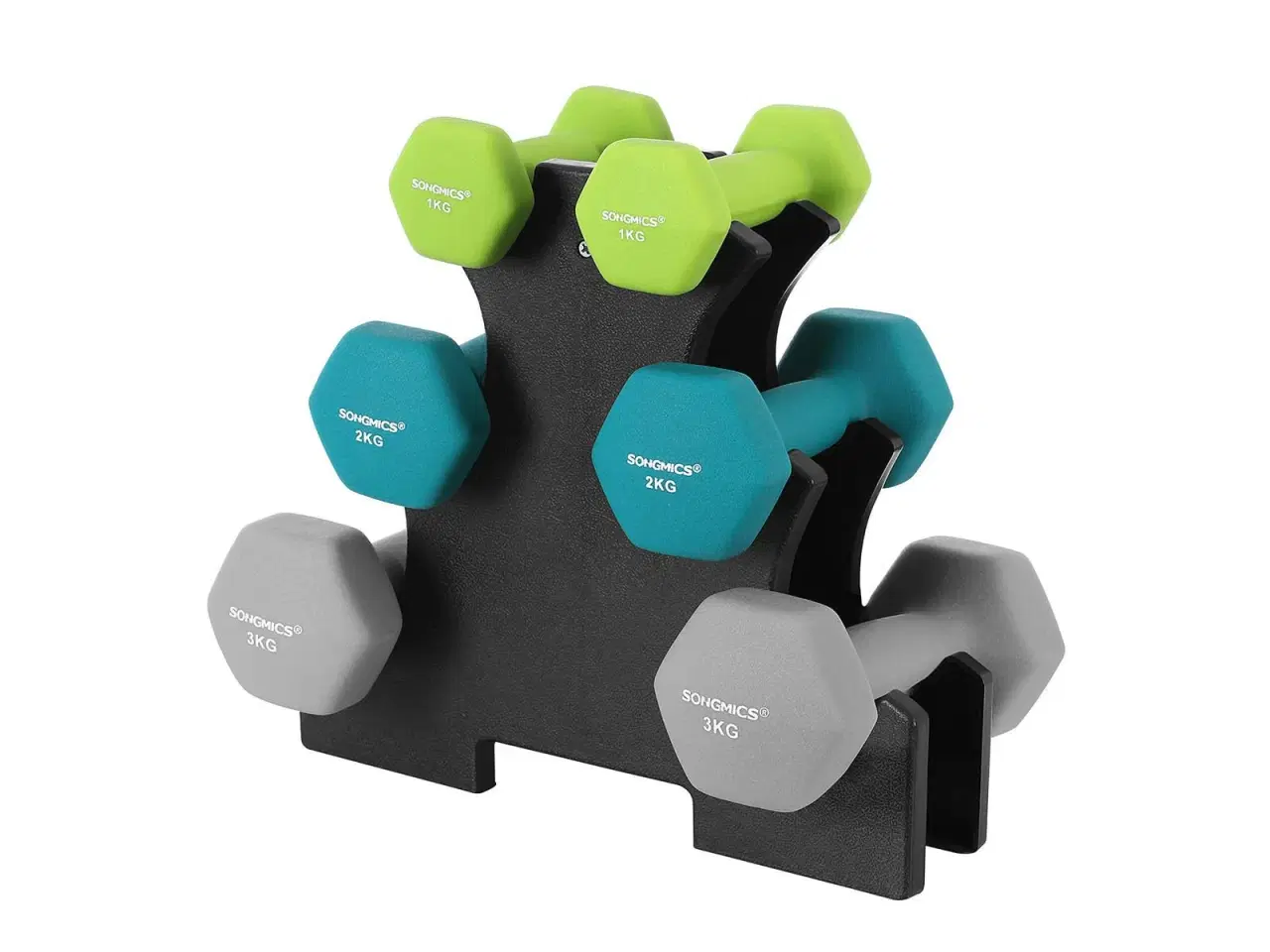 Billede 1 - Håndvægte sæt med stativ – SONGMICS Hex, 2 x 1 kg, 2 x 2 kg, 2 x 3 kg, neopren, lime/teal/lysegrå