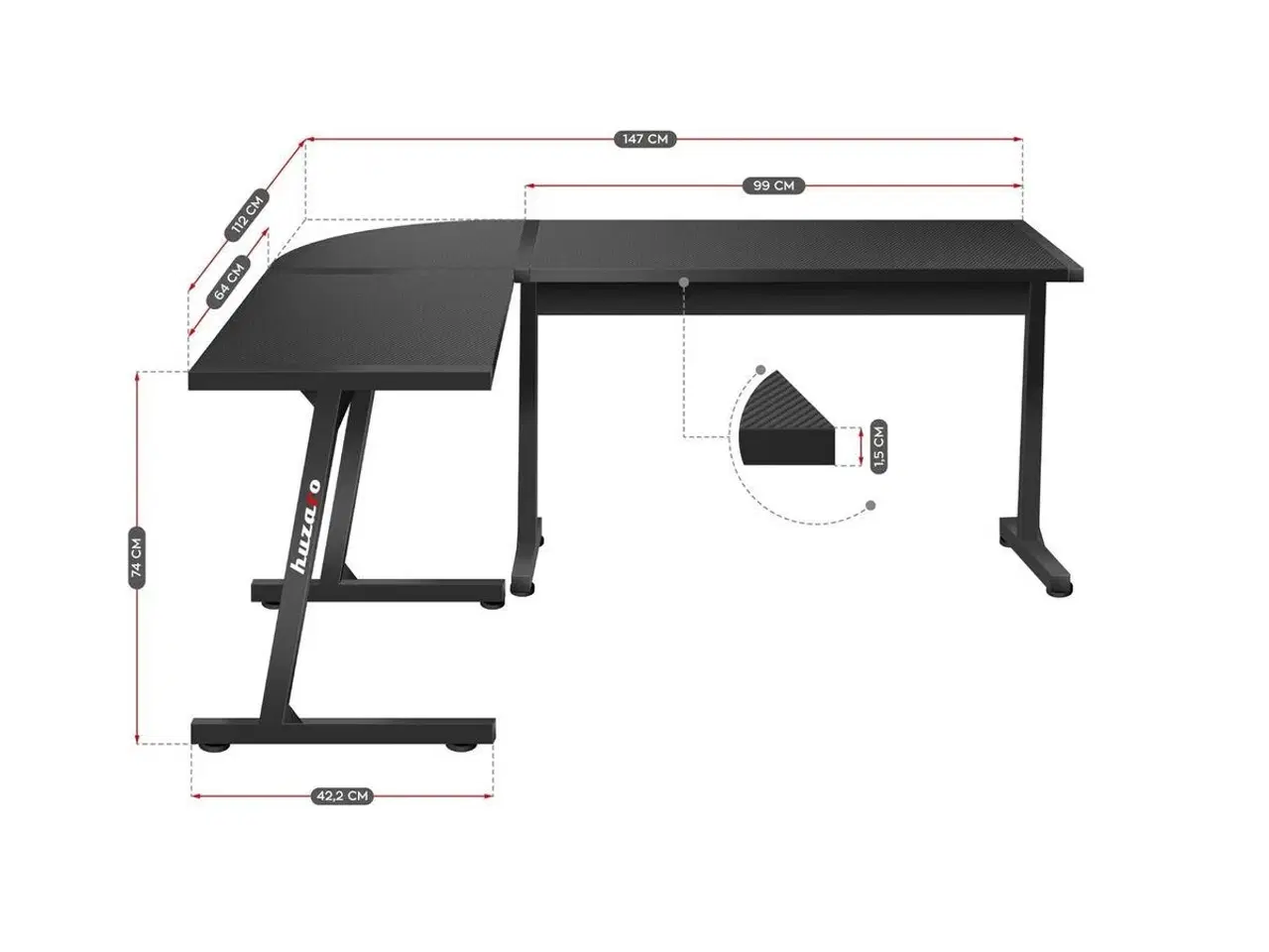Billede 7 - Skrivebord Huzaro HZ-Hero 6.0 Sort Stål Kulfiber 178 x 4 x 112 cm