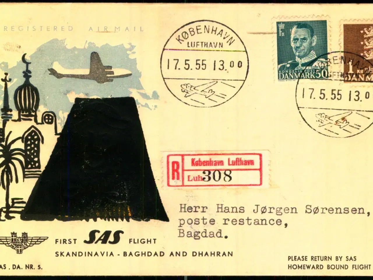 Billede 1 - Førsteflyvning - Skandinavien - Bagdad - 17 - 5 -55 - Bagdad-Kuvert