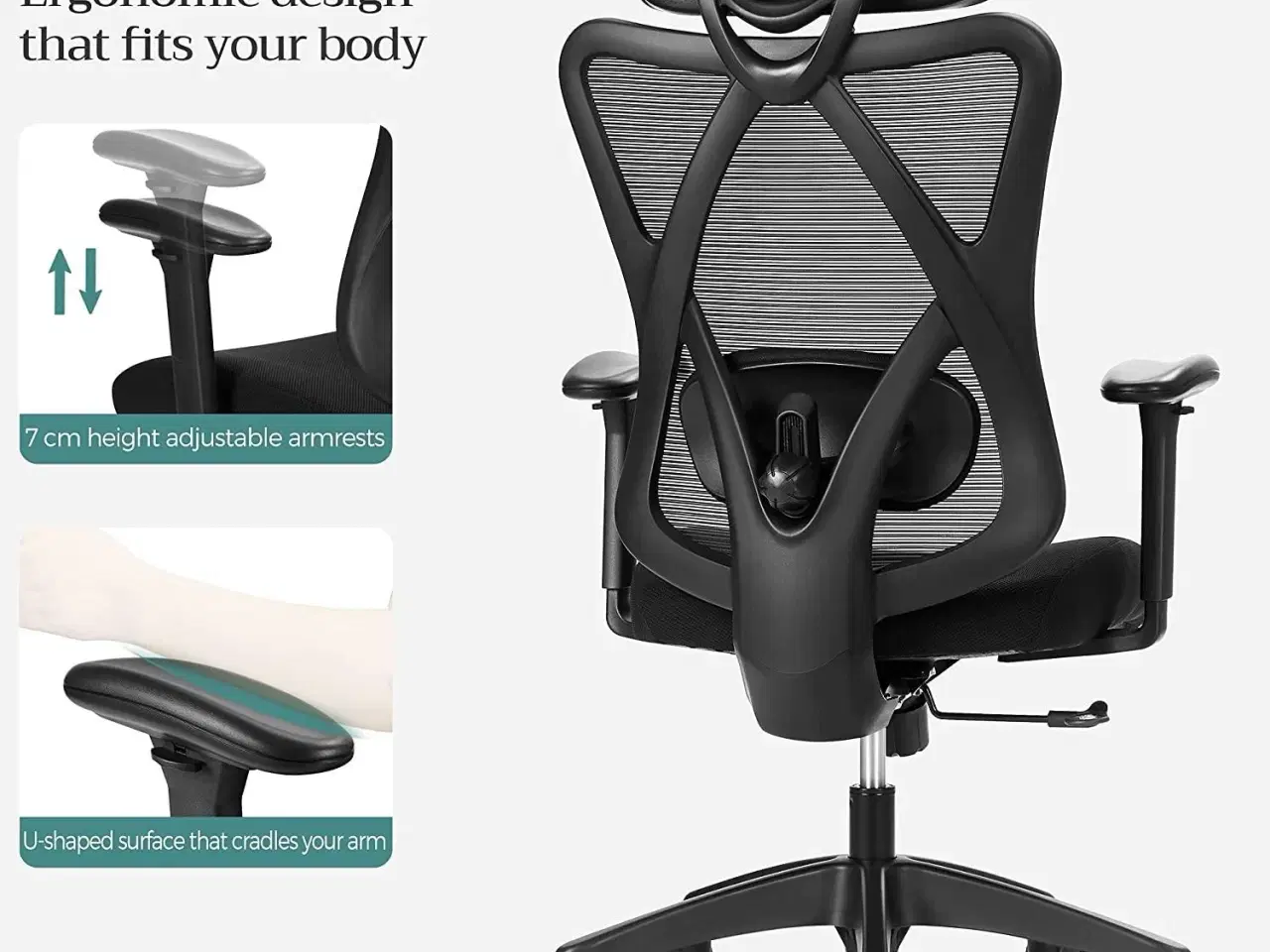 Billede 6 - Kontorstol med net ergonomisk skrivebordsstol, justerbar lændestøtte og nakkestøtte, 150 kg, højdejusterbar, sort (OBN063B01)