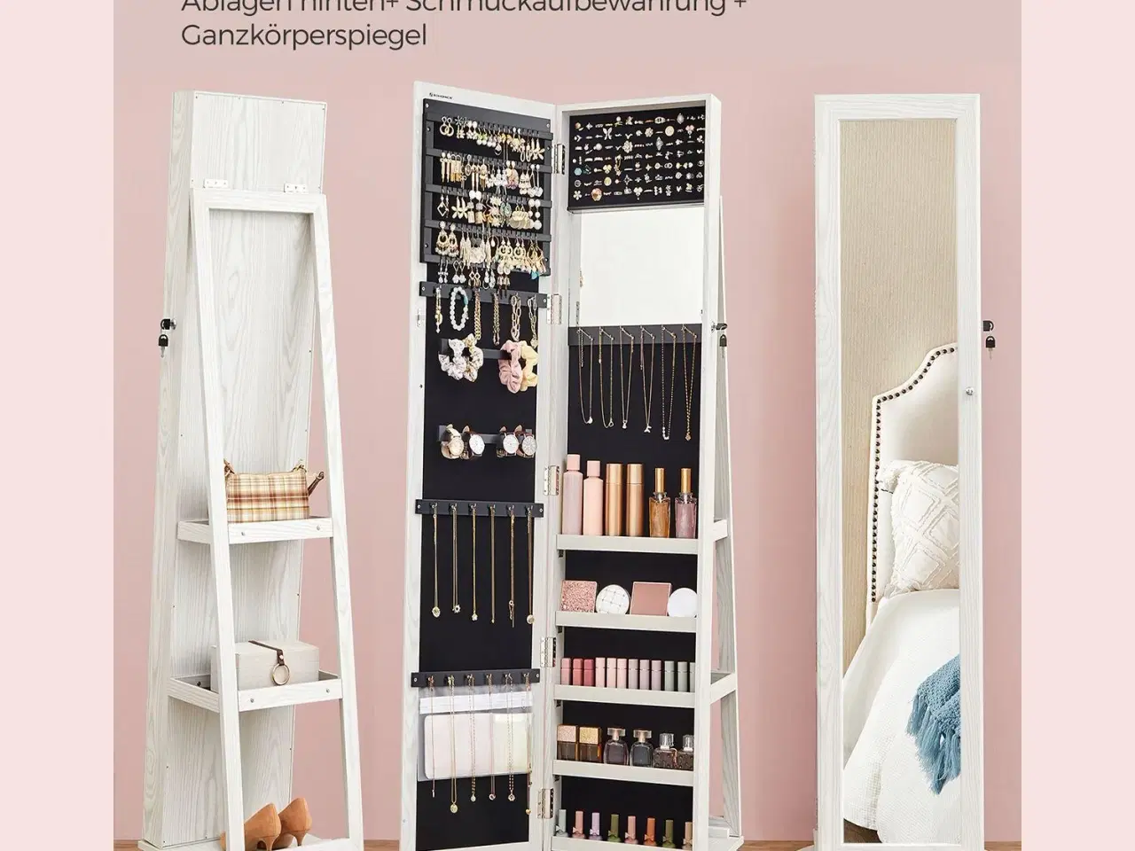 Billede 3 - Smykkeskab med spejl 360° fritstående, låsbart 3-i-1, hylder, kosmetikopbevaring, hvid med grå træstruktur