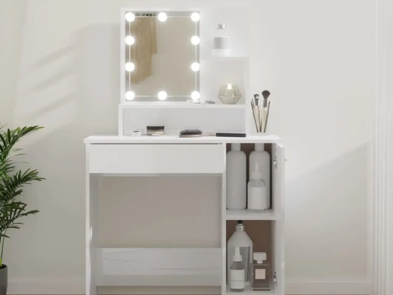 Billede 1 - Makeupbord med LED-lys 86,5x35x136 cm hvid højglans