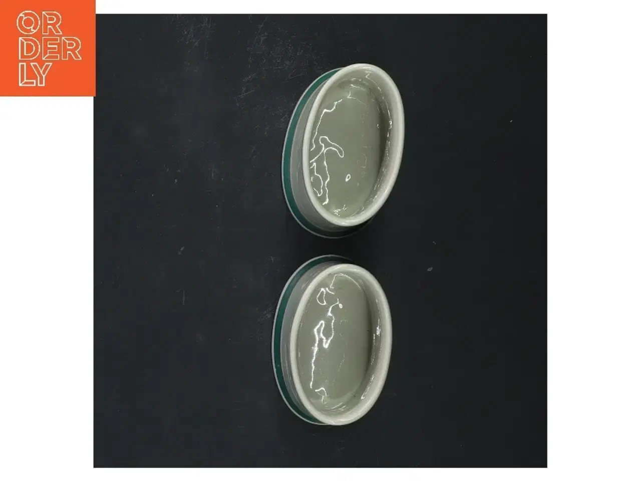 Billede 3 - Små porcelæns krukker med grøn kant fra Københavns Porcellains Maleri (str. 6x7 cm)