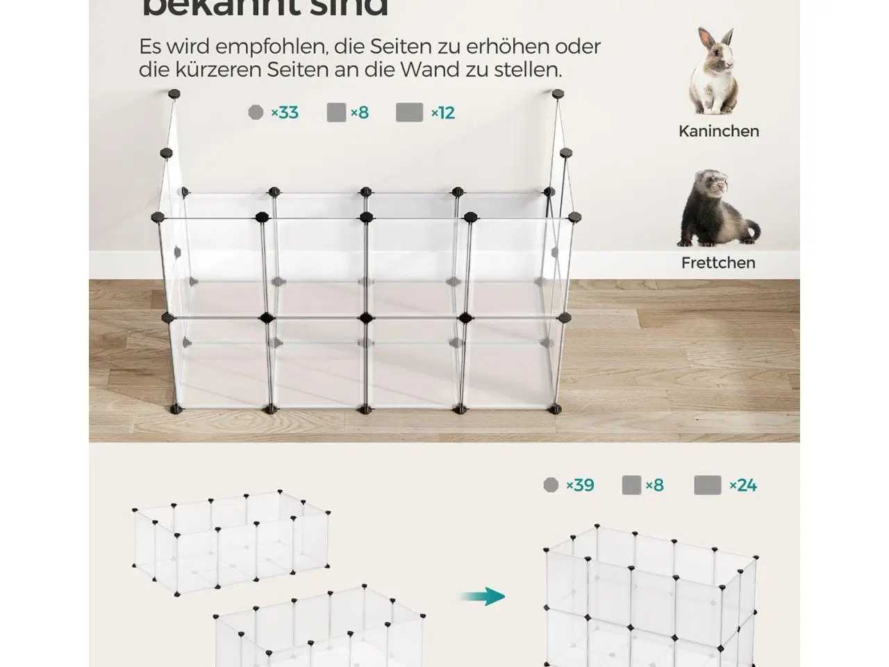 Billede 4 - Kæledyrs løbegård med bund indendørs modulær plastikbur til smådyr, hvid, 125 × 63 × 42 cm (LPC001W01)