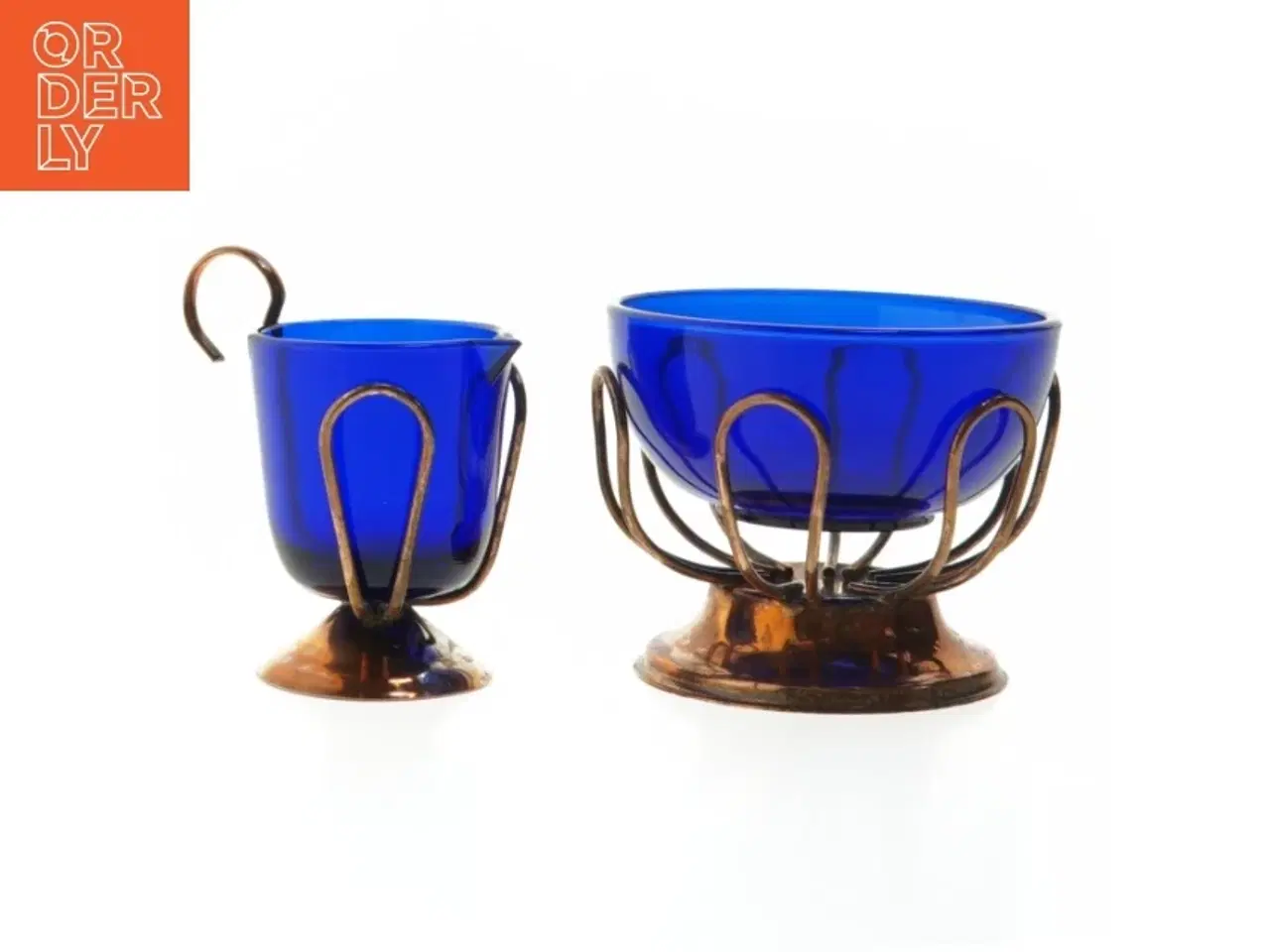 Billede 1 - Sukkerskål og  flødekande Blå glas og kobberkramersæt (str. 8 cm. ø. 10 cm. og. ø. 5 cm)