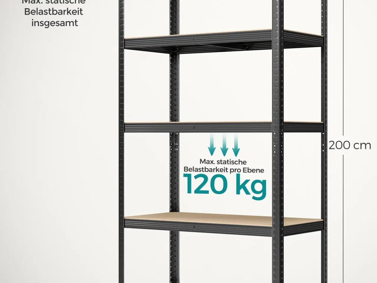 Billede 7 - Reol med 5 hylder stålhylle, 50 × 100 × 200 cm, sort