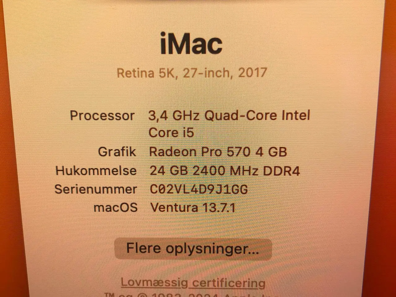 Billede 2 - Imac27" Retina 5K Tynd Model, 3.4, i5 GHz, 24 GB r