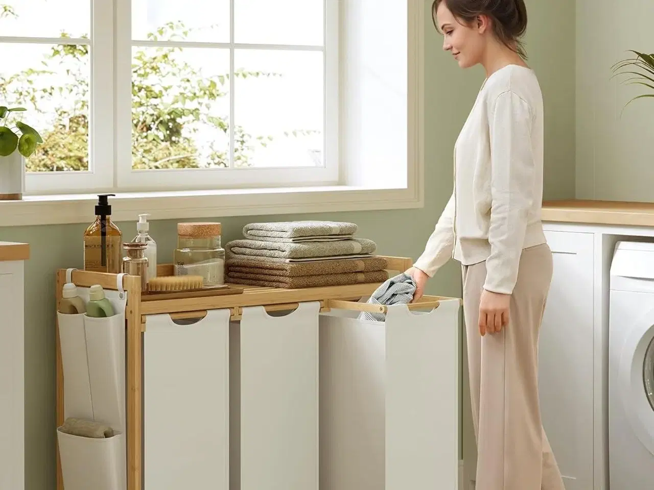 Billede 2 - Vasketøjssorterer med 3 rum, hylde og sidelommer – 150 l, cremehvid (94 × 33 × 78 cm)