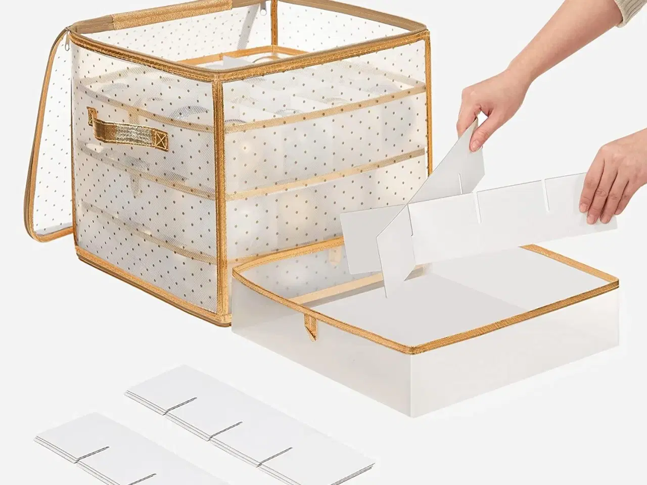 Billede 5 - Julekugle opbevaringsbokse 2 stk., halvtransparente med gulddetaljer, 128 rum, aftagelige rumdelere, RFB029A02