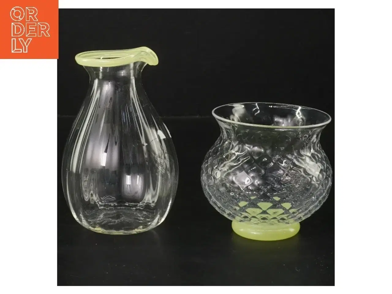 Billede 1 - Sukker og flødekande med gul kant i glas (str. 12,5 & 8,5 cm)