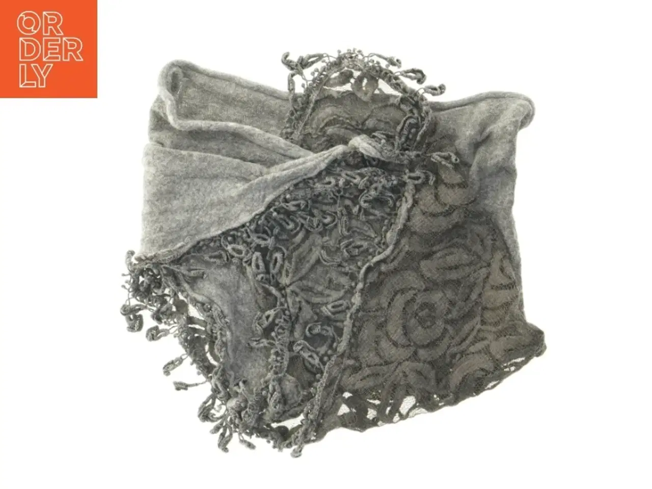 Billede 1 - Grå tørklæde med blonder (str. 102x58 cm)