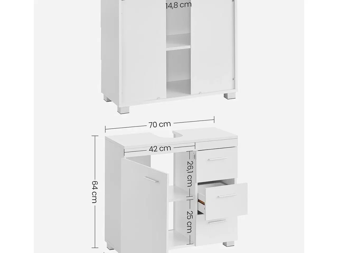 Billede 5 - Badeværelsesskab med skuffer 3 store skuffer, 2 rum bag låge, med ben, 30 × 70 × 64 cm, hvid