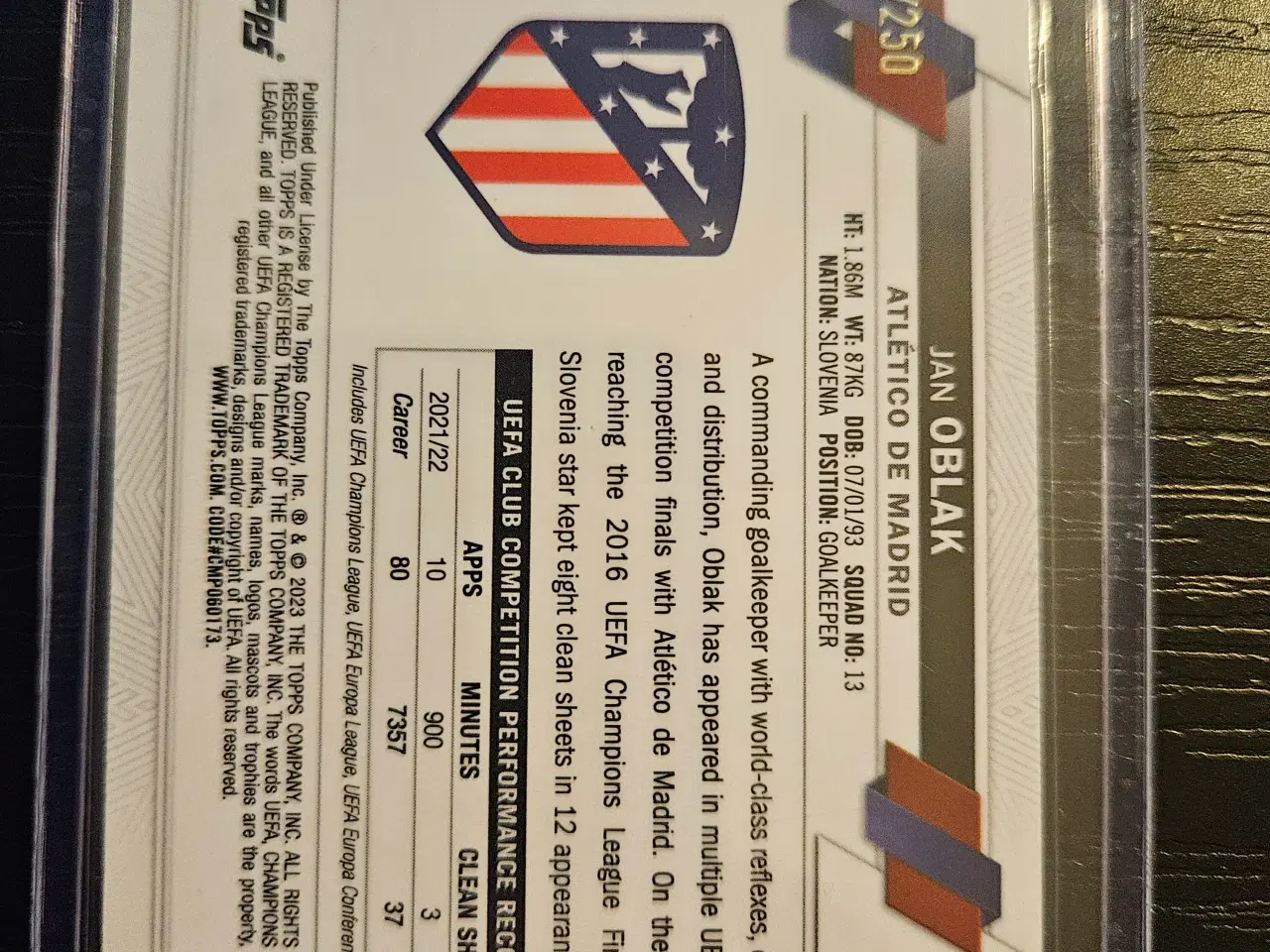 Billede 2 - Jan Oblak 93/250 Fodboldkort