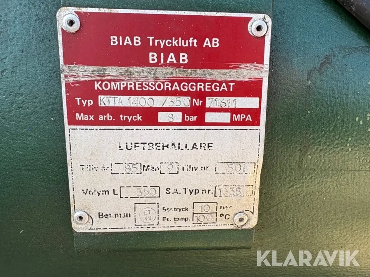 Billede 5 - Kompressor Biab Tryckluft AB KTTA 1400/350