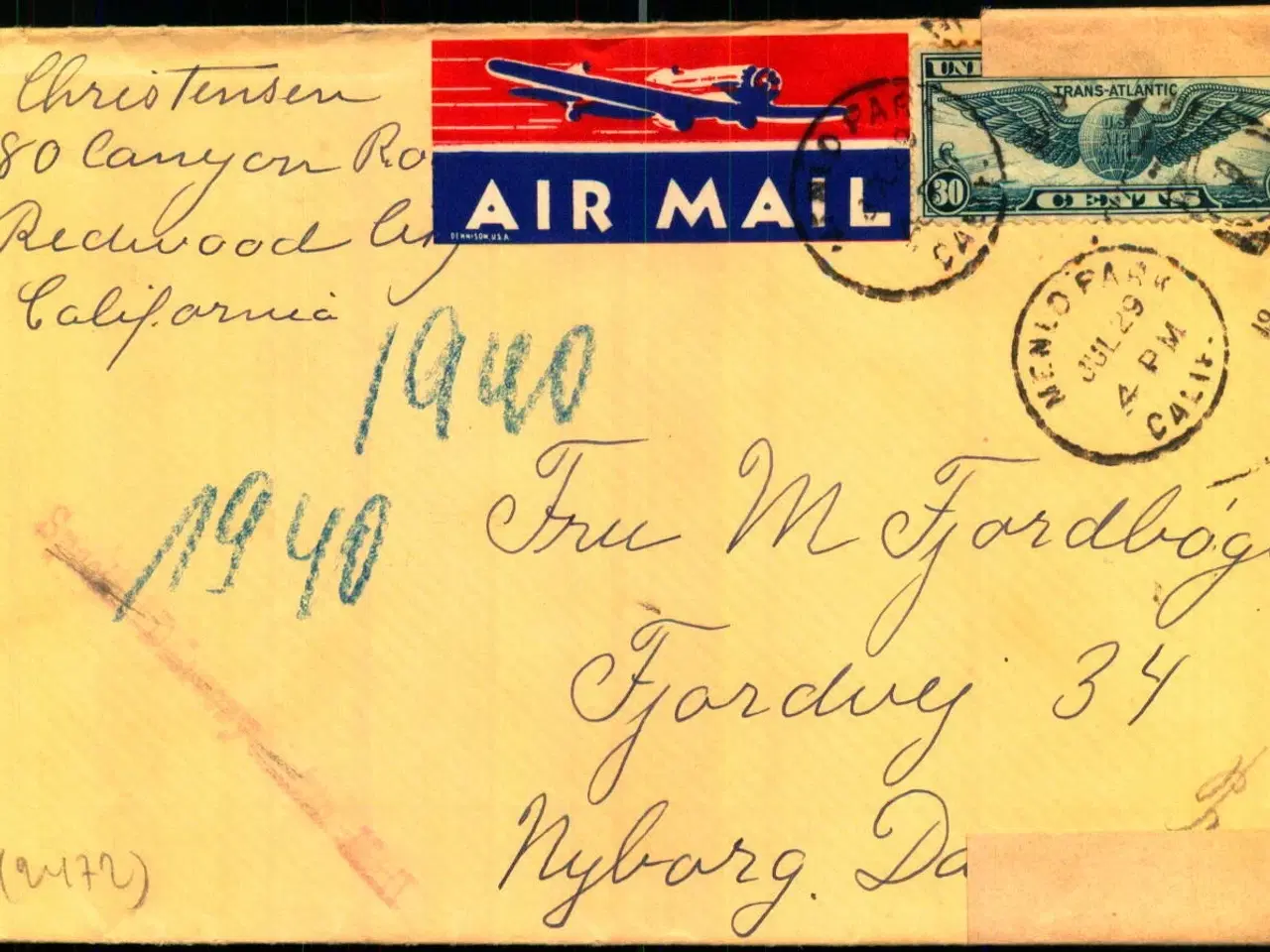 Billede 1 - Luftpost - Censurbrev fra U.S.A.  til  Nyborg - 29 - 7 - 1940