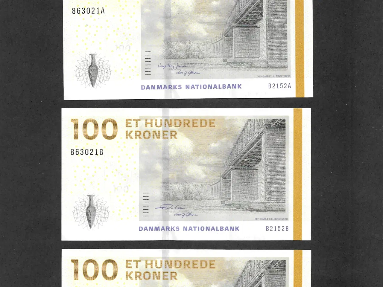 Billede 1 - 100 kr. sedler i samme serie kv. 0