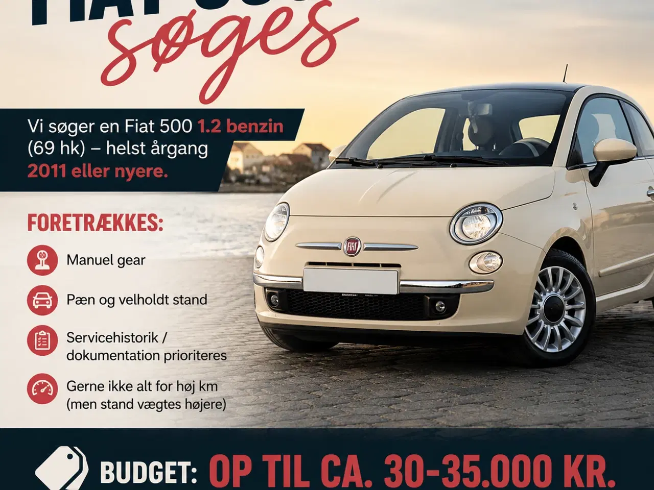 Billede 1 - Søges: Fiat 500 - 1.2 benzin 69 hk