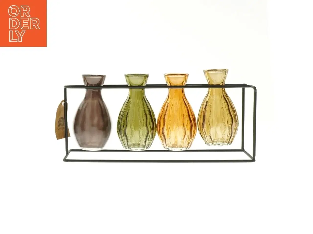 Billede 1 - Sæt med farvede glasvaser i stativ fra Det Gamle Apotek (str. 11x27x8 cm)