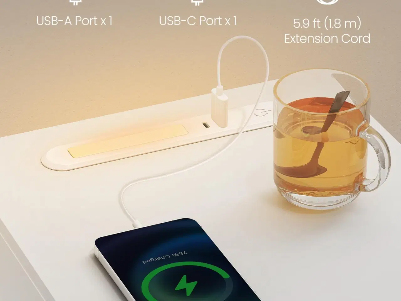 Billede 4 - Sengebord med LED-lys og strømudtag – pladsbesparende natbord, hvid