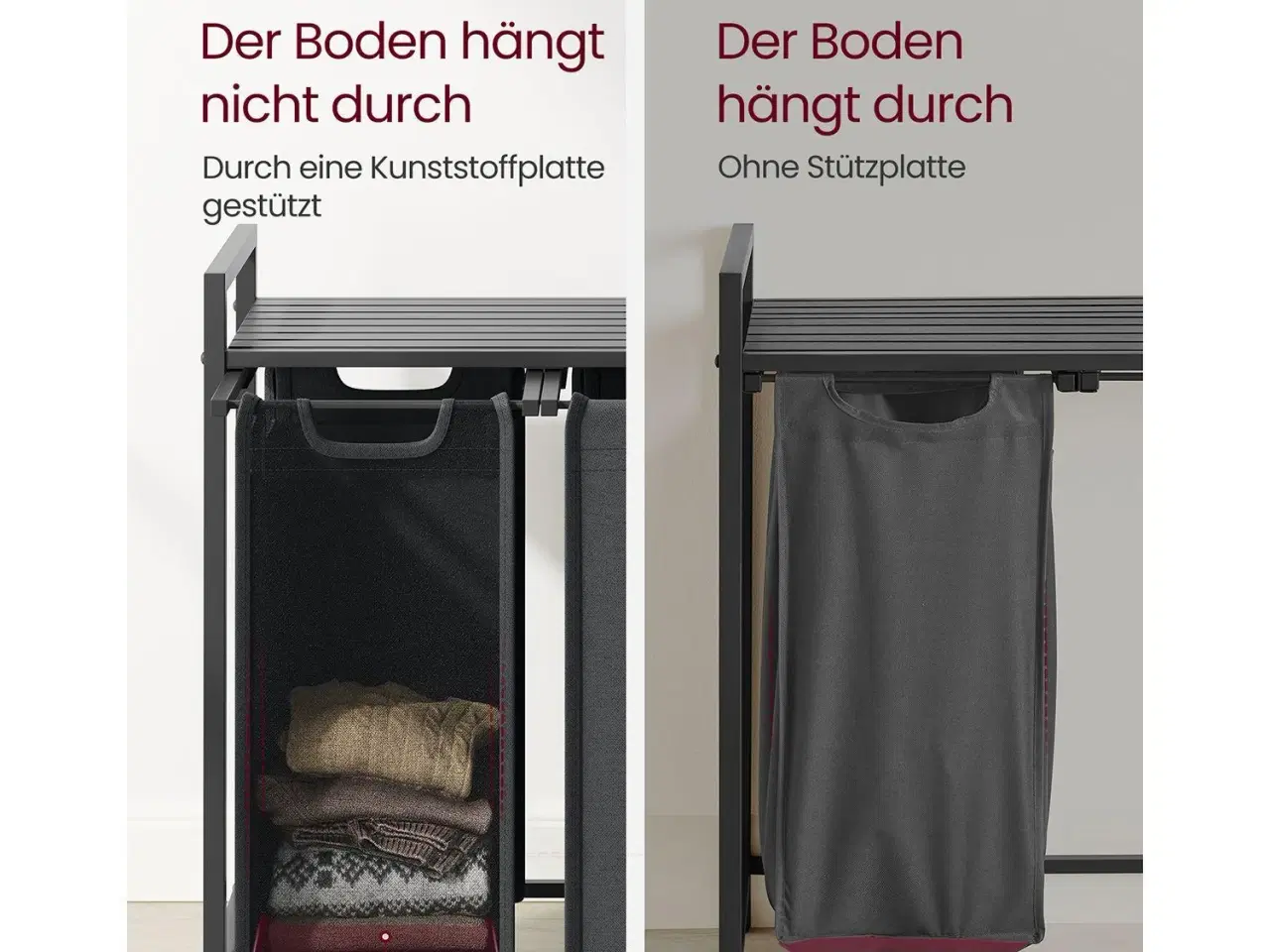 Billede 6 - Vasketøjskurv med 3 rum – VASAGLE, udtrækkelige poser, hylde, metalstel, 3 x 38 l, 92,5 × 33 × 72 cm, sort/grå