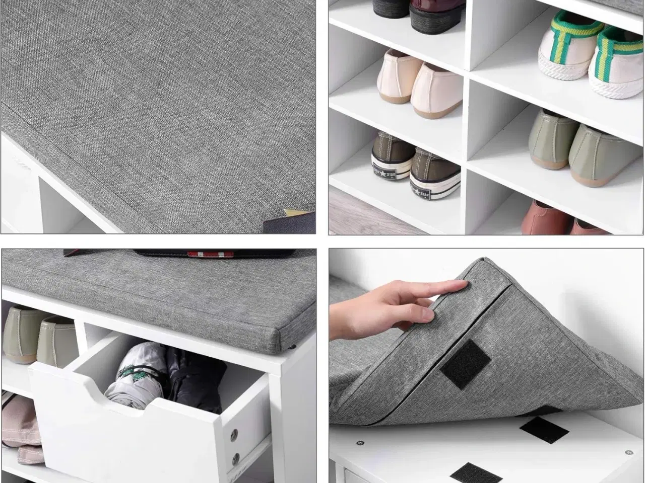 Billede 5 - Skobænk med opbevaring hvid/grå, polstret sæde, 2 åbne rum + 1 lukket (LHS021W01)