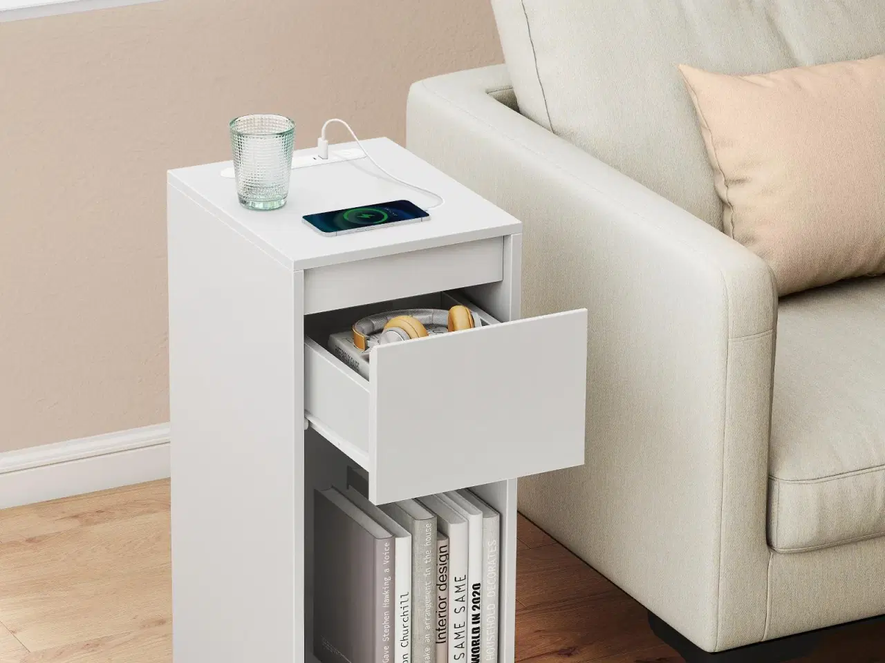 Billede 6 - Sengebord med LED-lys og strømudtag – pladsbesparende natbord, hvid