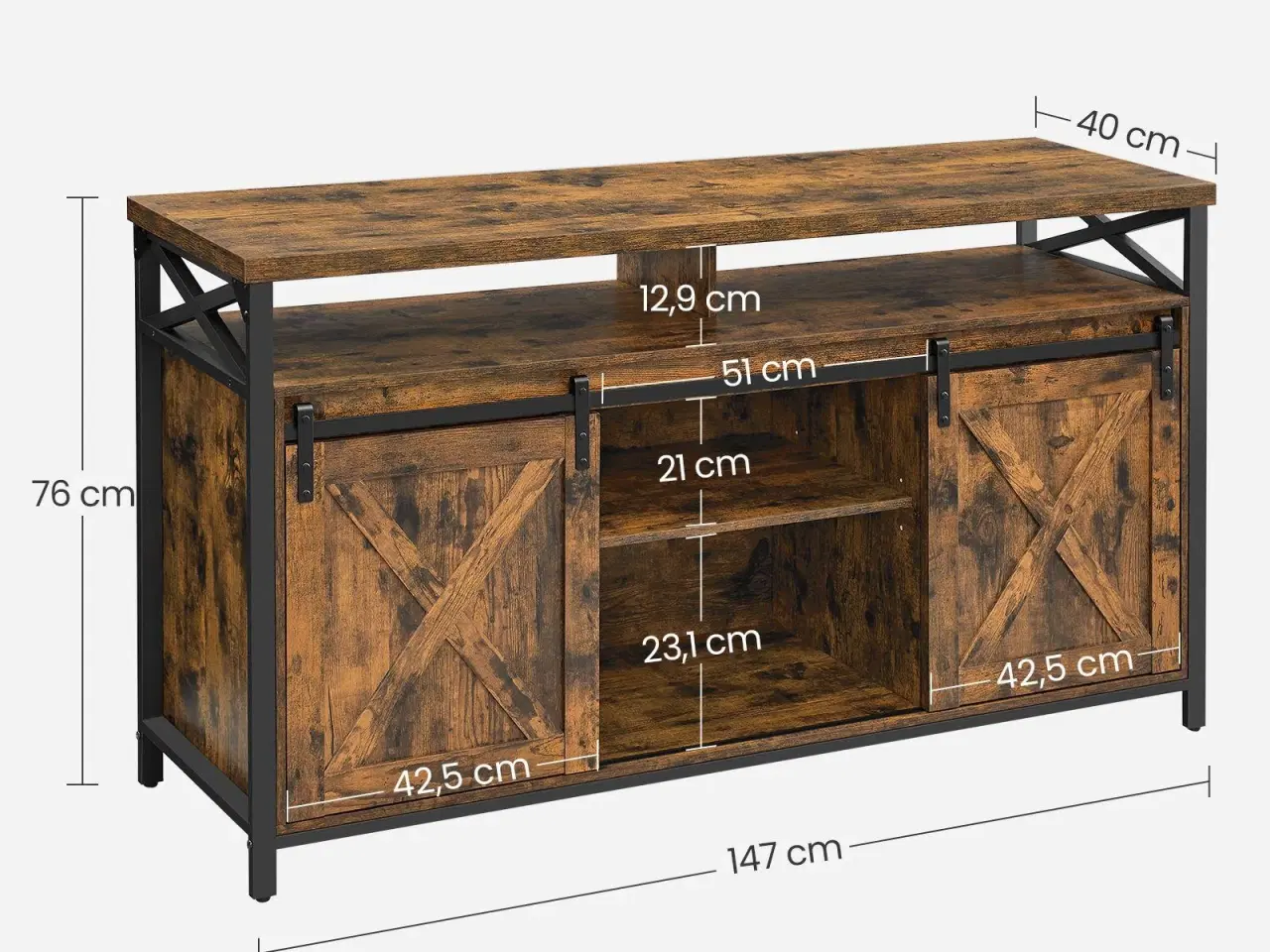 Billede 7 - TV-bord til 65" justerbare hylder, skydelåger i lade-stil, industrielt design, metalstel, rustik brun/sort