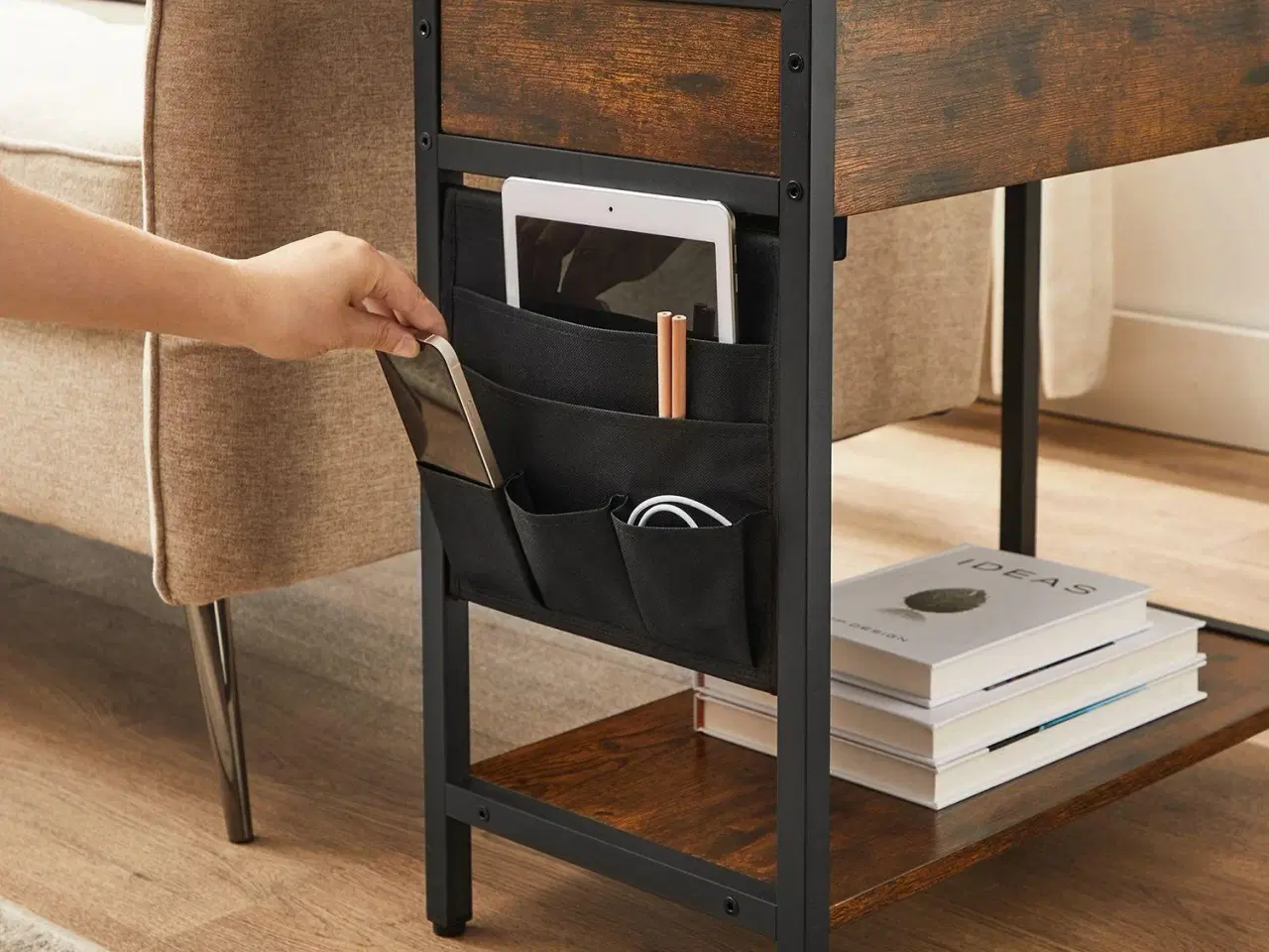 Billede 6 - Sofabord med stikkontakter sidebord, klapbord med hylde og stoflomme, vintage brun/sort