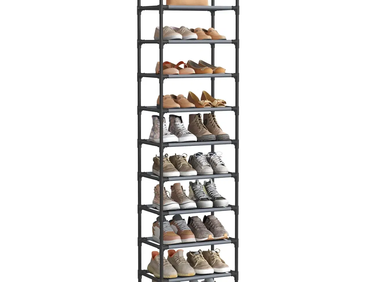 Billede 1 - Skoreol med 10 hylder – pladsbesparende skostativ 45 × 28 × 173 cm, metalstel og non-woven hylder, grå