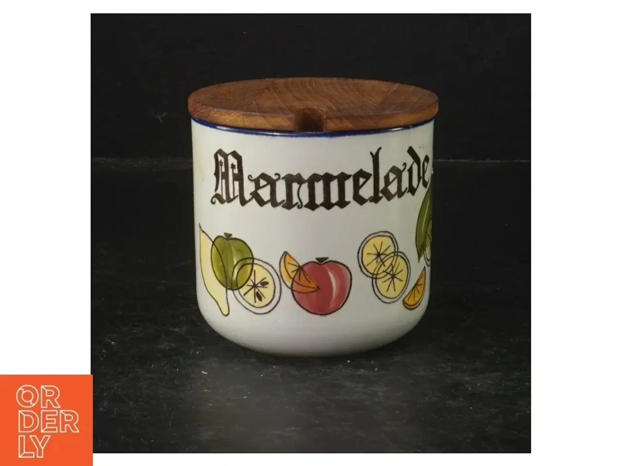 Billede 1 - Knabstrup keramik marmeladekrukke med trælåg fra Knabstrup (str. Ø. 9 cm. længde, 8 cm)