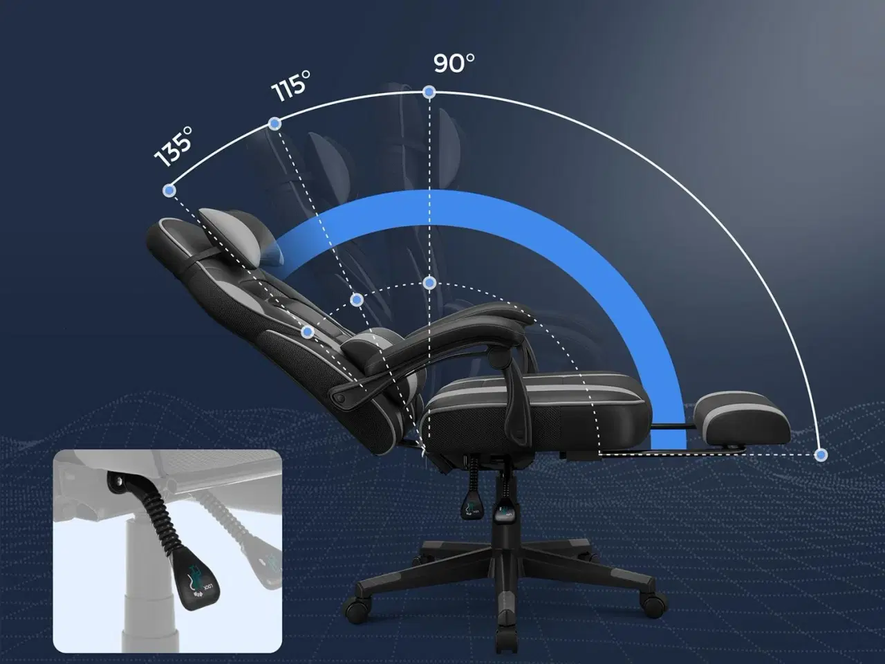 Billede 4 - Kontorstol gaming med fodstøtte ergonomisk, sort/grå