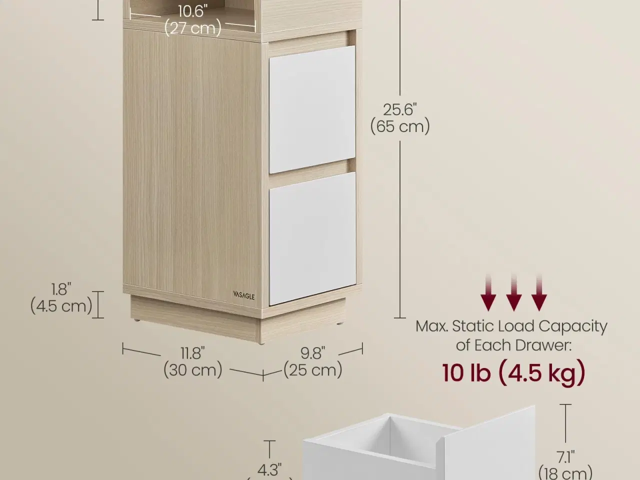 Billede 6 - Sæt med 2 slanke sengeborde med skuffer – KAILYN, naturbeige/cloud hvid