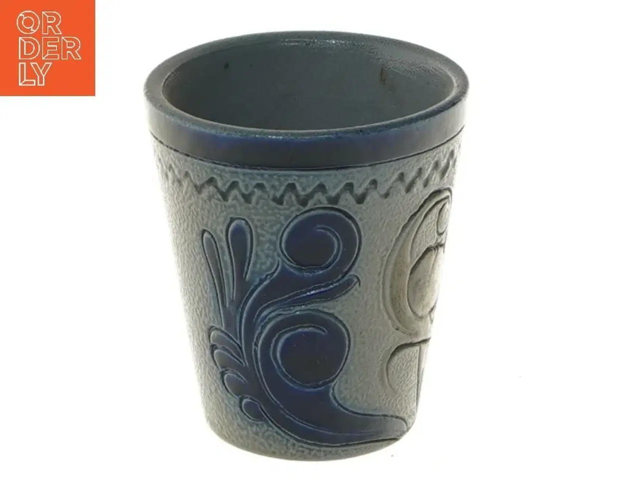 Billede 1 - Keramikvase med blå dekoration (str. Ø 7 cm længde 8 cm)