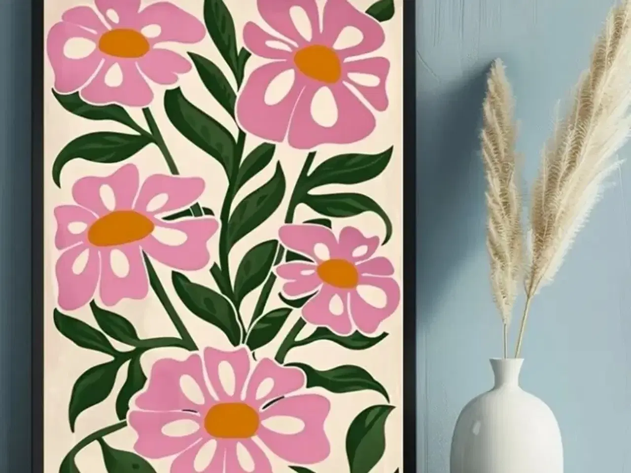 Billede 1 - * Lærredsmaleri/tryk; Lyserøde blomster