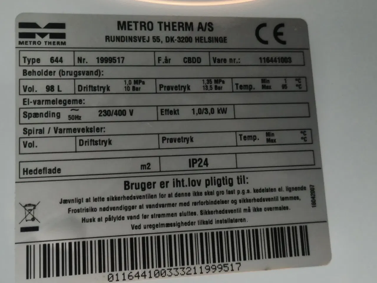 Billede 3 - Metro 110(98L) type 644 el vandvarmer byttes