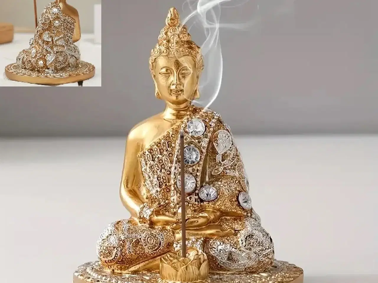 Billede 1 - * Smukkeste Buddha i guld med krystaller, røgelses