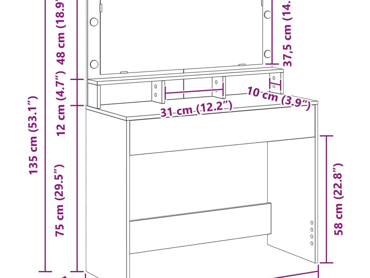 Billede 11 - Makeupbord med hylde Hvid 100 x 41 x 135 cm Konstrueret træ