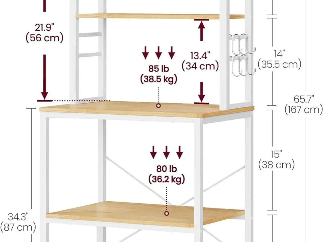 Billede 4 - Køkkenreol med 6 hylder og 6 kroge kaffe- og mikrobølgeovnstation, stålramme, justerbar hylde, 40 × 60 × 167 cm, eg/hvid (KKS024W09)