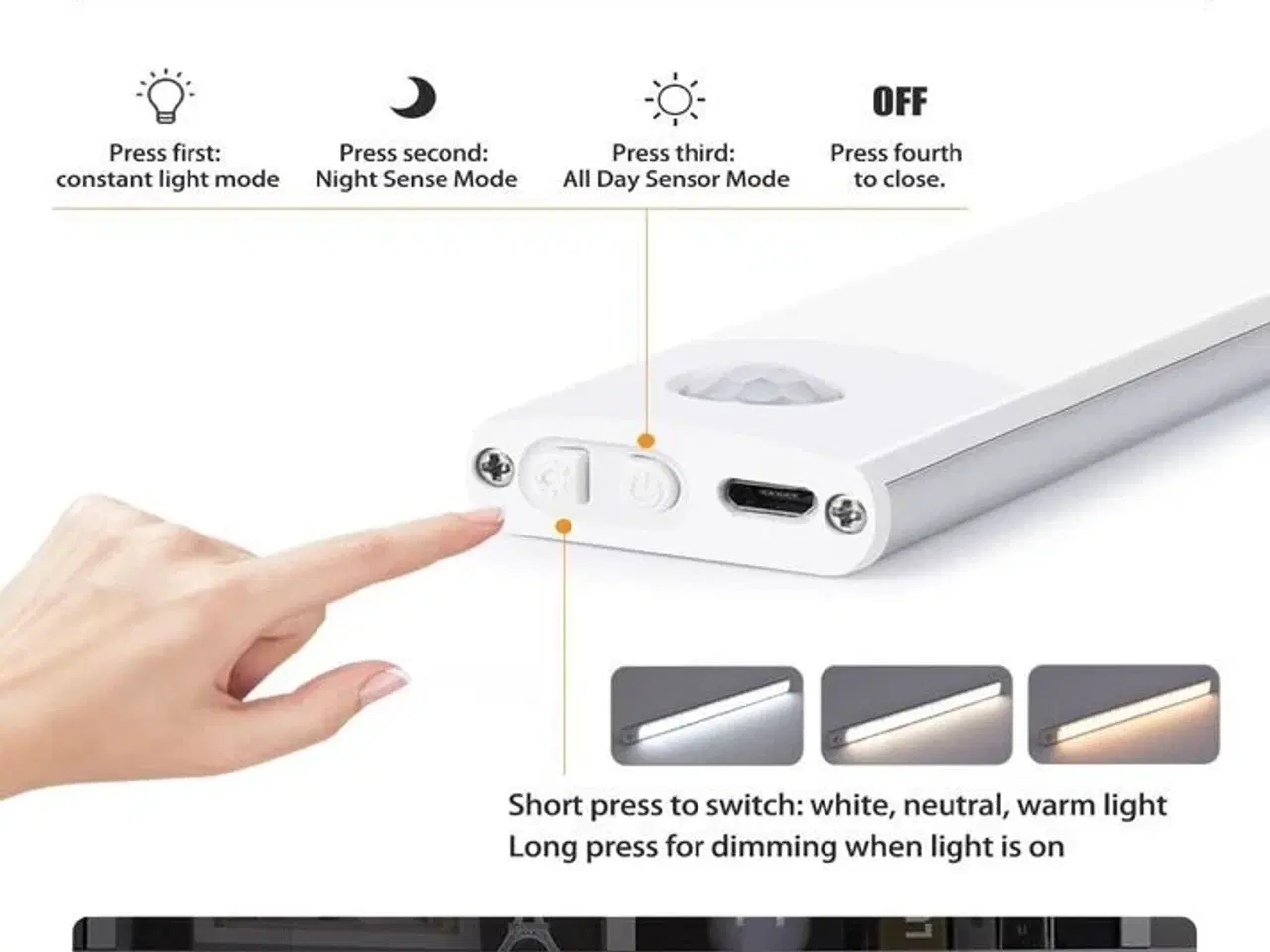 Billede 2 - 4 stk. LED sensorlys – 30 cm – Trådløs og genopladelig