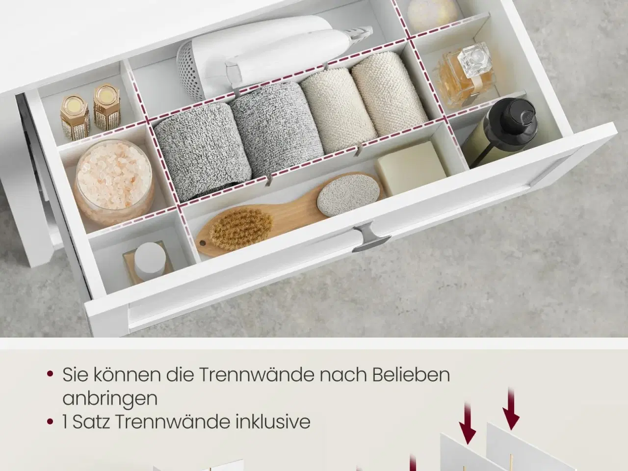 Billede 4 - Badeværelsesskab – VASAGLE, 2 skuffer, justerbare skillevægge og 2 kurve, 30 × 60 × 80 cm, Cloud White