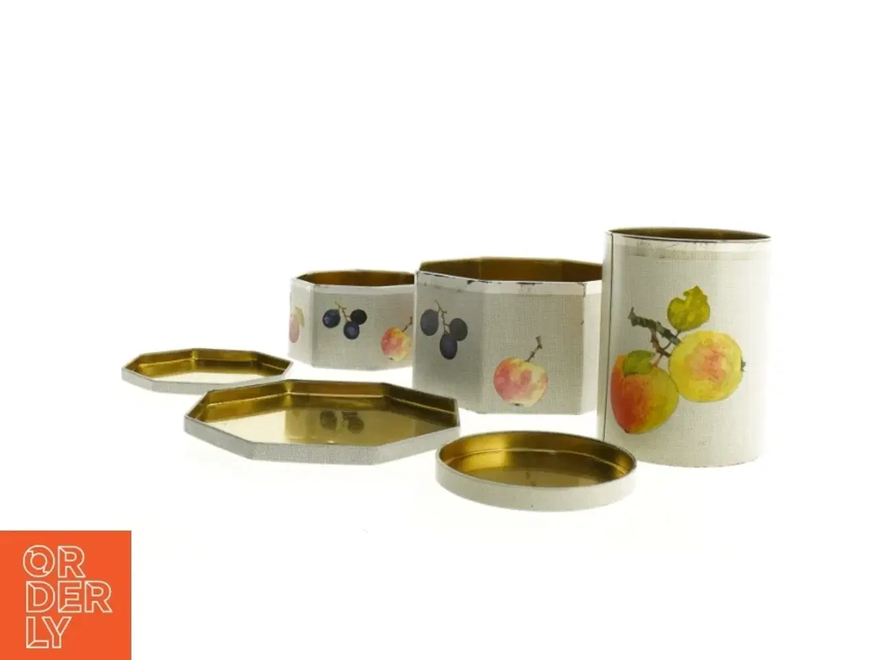 Billede 1 - Vintage kasedåser med frugtdekoration - 3 stk (str. 7 cm 10 cm og 14 cm høje)