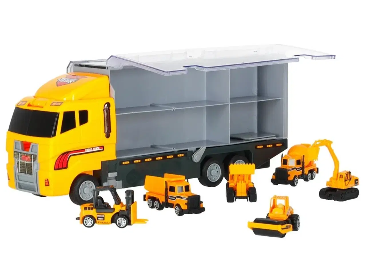 Billede 6 - Legetøjslastbil transporter med affyringsrampe + 6 metal byggemaskiner
